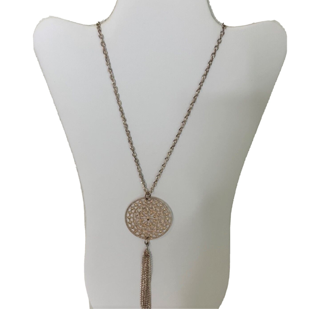 Gold Tone Filigree Medallion Tassel Necklace 32" Long Boho Statement Pendant